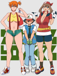 Rule 34 | 1boy, 2girls, adapted costume, ash ketchum, asymmetrical hair, bare legs, bike shorts, blue eyes, blush, breasts, brown hair, cleavage, cowboy shot, creatures (company), denim, denim shorts, game freak, green eyes, green hair, gym leader, highres, huge breasts, large breasts, legs, legs together, lento (glamour works), looking at viewer, may (pokemon), misty (pokemon), multiple girls, navel, nintendo, nipples, open mouth, orange hair, pants, pokemon, pokemon (anime), pokemon (classic anime), pokemon rse (anime), ponytail, red hair, shirt, shoes, short hair, short shorts, shorts, side ponytail, simple background, smile, sneakers, standing, suspenders, tank top, thick thighs, thighs, underboob, underwear, unzipped, wide hips, yellow shirt, yellow tank top