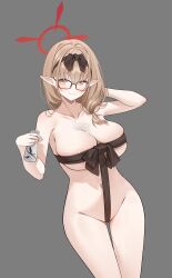 Rule 34 | 1girl, absurdres, areola slip, black-framed eyewear, blue archive, blush, breasts, brown hair, bust cup, chinatsu (blue archive), cleavage, coke0502, collarbone, glasses, gluteal fold, grey background, groin, halo, highres, large breasts, looking at viewer, naked ribbon, navel, pointy ears, ribbon, simple background, smile, solo, tokkuri