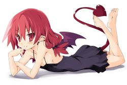 Rule 34 | 1girl, alternate hairstyle, barefoot, bat wings, demon girl, demon tail, disgaea, etna (disgaea), feet, flat chest, hair down, iwashi dorobou -r-, looking at viewer, lying, makai senki disgaea, mini wings, on stomach, pointy ears, red eyes, red hair, short hair, simple background, smile, solo, tail, the pose, white background, wings