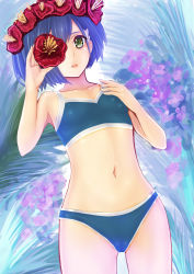 Rule 34 | 10s, 1girl, :o, absurdres, armpits, backlighting, bare arms, bare shoulders, bikini, blue bikini, blue hair, breasts, collarbone, cowboy shot, darling in the franxx, day, dutch angle, flower, flower wreath, from below, grass, green eyes, hand on own chest, head wreath, highres, holding, holding flower, ichigo (darling in the franxx), lips, looking at viewer, looking down, navel, open mouth, outdoors, short hair, small breasts, solo, standing, stomach, swimsuit, tareme, teruru