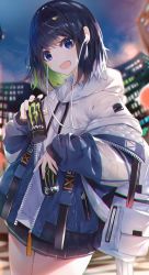 Rule 34 | 1girl, :d, backpack, bag, black hair, black skirt, blue eyes, blue jacket, building, can, commentary request, drawstring, earbuds, earphones, energy drink, green hair, highres, holding, holding can, hood, hood down, hoodie, jacket, kurokuro illust, long sleeves, looking at viewer, monster energy, multicolored hair, off shoulder, open clothes, open jacket, open mouth, original, outdoors, pleated skirt, puffy long sleeves, puffy sleeves, skirt, sleeves past wrists, smile, solo, two-tone hair, white hoodie