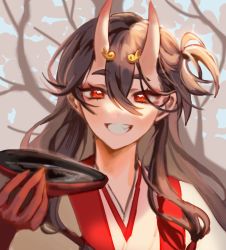 Rule 34 | 1girl, absurdres, badamon, black hair, chiyo (genshin impact), commentary, cup, english commentary, genshin impact, grin, hair ornament, highres, holding, holding cup, horns, japanese clothes, kimono, long hair, looking at viewer, oni horns, open mouth, red eyes, sakazuki, smile, solo, teeth, tree
