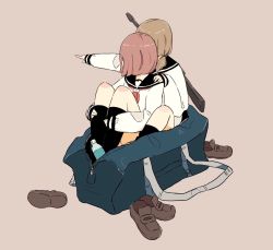 Rule 34 | 2girls, black legwear, blue bag, bottle, brown footwear, brown hair, daisukerichard, dated commentary, flat color, gun, hand on another&#039;s shoulder, highres, hugging own legs, loafers, long hair, long sleeves, looking away, medium hair, multiple girls, neckerchief, original, outstretched arm, pink background, pointing, red neckerchief, sailor collar, sailor shirt, shirt, shoes, unworn shoes, simple background, sitting, socks, weapon, white shirt