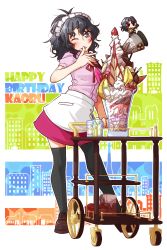 Rule 34 | 1girl, alternate costume, alternate hairstyle, amagami, apron, black hair, black thighhighs, blush, bomb, building, cart, character name, chibi, city, contrapposto, desert, dessert, eiffel tower, explosive, fancy dessert, food, fruit, guriko (mossari), happy birthday, highres, licking, licking finger, long hair, looking at viewer, maid headdress, messy hair, missile, nuclear missile, nuclear weapon, one eye closed, ponytail, pushing cart, red ribbon, ribbon, solo, standing, strawberry, tanamachi kaoru, thighhighs, waitress, weapon of mass destruction, wheel, whipped cream, zettai ryouiki