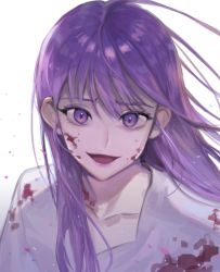 Rule 34 | 1girl, blood, blood on face, blood on clothes, long hair, looking at viewer, medea solon, micha, purple hair, simple background, smile, solo, upper body, white background, your throne