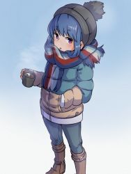 Rule 34 | 1girl, :o, beanie, black hat, blue hair, blue jacket, blue pants, boots, brown footwear, commentary request, cup, denim, fringe trim, hand in pocket, hat, highres, holding, holding cup, jacket, jeans, knee boots, kuro kosyou, long sleeves, pants, parted lips, purple eyes, scarf, shima rin, short eyebrows, solo, standing, steam, thick eyebrows, yurucamp