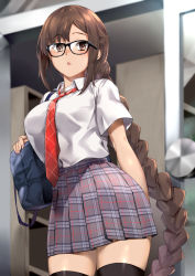 Rule 34 | 1girl, bag, black thighhighs, blush, braid, breasts, brown eyes, brown hair, collared shirt, contemporary, fate/grand order, fate (series), glasses, grey skirt, highres, large breasts, long hair, looking at viewer, naha78, necktie, open mouth, plaid, plaid skirt, school bag, shirt, short sleeves, sidelocks, skirt, thighhighs, thighs, very long hair, yu mei-ren (fate), yu mei-ren (first ascension) (fate)