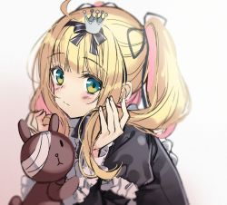 Rule 34 | 1girl, bad id, bad pixiv id, bandage over one eye, black bow, black dress, black ribbon, blonde hair, blurry, blurry background, blush, bow, brown background, closed mouth, crown, depth of field, dress, fingernails, gothic lolita, gradient background, green eyes, hair bow, hands up, juliet sleeves, lolita fashion, long hair, long sleeves, looking at viewer, masushita, mini crown, multicolored hair, original, pink hair, puffy sleeves, ribbon, solo, streaked hair, stuffed animal, stuffed rabbit, stuffed toy, twintails, white background