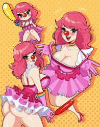 Rule 34 | 1girl, ace attorney, ass, balloon, blush, breasts, clown, geiru toneido, high heels, highres, large breasts, panties, pink hair, solo, tongue, underwear