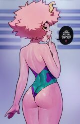 Rule 34 | 1girl, alternate costume, ashido mina, ass, back, bare arms, bare shoulders, black sclera, blurry, blurry background, boku no hero academia, colored sclera, colored skin, come hither, cowboy shot, english text, eyelashes, feet out of frame, female focus, from behind, gluteal fold, green one-piece swimsuit, half-closed eyes, hand up, heart, highres, horns, index finger raised, leotard, licking finger, lips, loodncrood, looking at viewer, looking back, nape, one-piece swimsuit, parted lips, pink hair, pink skin, purple one-piece swimsuit, seductive smile, shiny skin, short hair, shoulder blades, smile, solo, speech bubble, spoken heart, standing, sweat, swimsuit, teeth, thighs, tongue, tongue out, upper teeth only, yellow eyes