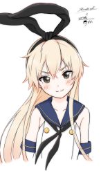 Rule 34 | 1girl, anchor hair ornament, blonde hair, blush, closed mouth, crop top, female focus, hair ornament, hairband, highres, kantai collection, long hair, looking at viewer, sailor collar, shimakaze (kancolle), simple background, smile, solo, upper body, white background, yametan