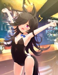 Rule 34 | 1girl, @ @, absurdres, animal ears, arms up, bar (place), bare legs, black hair, blurry, blurry background, blush, breasts, cleavage, commentary request, hair over one eye, highres, horse ears, horse girl, horse tail, leotard, mellpon, nontraditional playboy bunny, open mouth, playboy bunny, purple eyes, rice shower (umamusume), small breasts, solo, sweat, nervous sweating, tail, umamusume