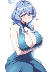 Rule 34 | 1girl, absurdres, ahoge, ako (blue archive), ako (dress) (blue archive), blue archive, blue hair, blue halo, breasts, cleavage, dress, evening gown, hairband, halo, heart, highres, large breasts, nya (73809635)