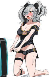 Rule 34 | 1girl, @ @, arknights, bare shoulders, blush, cleavage cutout, clothes pull, clothing cutout, ert raitsui, feater (arknights), grey hair, highres, infection monitor (arknights), kneeling, melting, messy hair, midriff, navel, off shoulder, shirt pull, shorts, sketch, sweat, thigh strap, white background