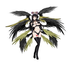 Rule 34 | 1girl, absurdres, bird wings, black hair, black wings, breasts, covered erect nipples, feathered wings, gloves, halo, high school dxd, highres, large breasts, large wings, leg tattoo, legs, long hair, low wings, mini wings, multiple wings, purple eyes, raynare, smile, solo, tattoo, thighhighs, wings, yellow wings, yxyyxy