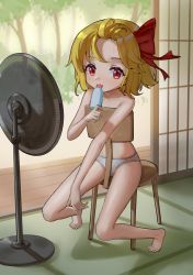 Rule 34 | 1girl, absurdres, bare shoulders, barefoot, blonde hair, blush, chair, commentary, dated commentary, day, electric fan, feet, food, hair blowing, hair ribbon, highres, hot, indoors, licking, looking at viewer, lulumiya (abbb1233), panties, popsicle, porch, red eyes, red ribbon, ribbon, rumia, shadow, short hair, sitting, sitting backwards, sliding doors, solo, sweat, tatami, toes, tongue, tongue out, touhou, tree, underwear, underwear only, white panties