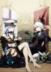 Rule 34 | 10s, 2boys, 2girls, akame ga kill!, armor, belt, blue eyes, blue hair, boots, breasts, business suit, choker, cigarette, cleavage, collarbone, crying, esdeath, formal, hat, large breasts, crossed legs, long hair, looking at another, mask, single mechanical arm, military, military hat, military uniform, multiple boys, multiple girls, najenda, naughty face, official art, profile, purple eyes, short hair, silver hair, sitting, sitting on person, smile, smirk, smoke, smoking, square enix, suit, tatsumi (akame ga kill!), teeth, torture, uniform, very long hair, wave (akame ga kill!), whip, yellow eyes