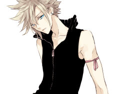 Rule 34 | 1boy, arm ribbon, bad source, bisuko, black vest, blonde hair, blue eyes, cloud strife, earrings, final fantasy, final fantasy vii, final fantasy vii advent children, head tilt, high collar, jewelry, looking at viewer, male focus, no armor, pink ribbon, ribbon, short hair, simple background, sleeveless, solo, spiked hair, stud earrings, third-party source, upper body, vest, white background
