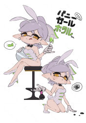 Rule 34 | 1girl, :q, animal ear hairband, animal ears, bar stool, black bow, bow, bow-shaped hair, breasts, cleaning, cleavage, collar, commentary request, coula cat, crossed legs, cup, detached collar, drink, earrings, eyelashes, fake animal ears, glass, gloves, green hair, hairband, heart, high heels, highleg, highleg leotard, highres, holding, holding drink, hoop earrings, inkling, jewelry, kneeling, leotard, marie (splatoon), medium breasts, medium hair, multicolored hair, multiple views, nintendo, on stool, playboy bunny, pointy ears, rabbit ear hairband, rabbit ears, simple background, sitting, smile, splatoon (series), splatoon 1, spoken heart, spoken squiggle, squiggle, star-shaped pupils, star (symbol), stool, sweat, symbol-shaped pupils, tentacle hair, thick eyebrows, tongue, tongue out, translation request, two-tone hair, white background, white collar, white footwear, white gloves, white hair, white leotard, yellow eyes