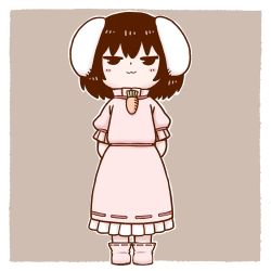 Rule 34 | 1girl, :3, animal ears, ankle boots, arms behind back, black hair, blush, boots, carrot, carrot necklace, chibi, closed mouth, dot nose, full body, inaba tewi, jitome, looking at viewer, necklace, pink footwear, pink shirt, pink skirt, poronegi, purple background, rabbit ears, shirt, short hair, simple background, skirt, smile, solo, standing, touhou