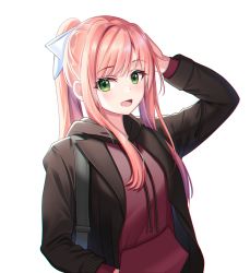 Rule 34 | 1girl, :d, arm up, black jacket, bow, doki doki literature club, drawstring, green eyes, hair bow, hood, hood down, hoodie, jacket, long hair, long sleeves, looking at viewer, monika (doki doki literature club), open clothes, open jacket, open mouth, pink hair, ponytail, r3d, red hoodie, sidelocks, simple background, smile, solo, upper body, white background