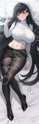 Rule 34 | 1girl, absurdres, black hair, black pantyhose, black skirt, blue archive, blunt bangs, blush, breasts, full body, hair ornament, hairclip, halo, highres, large breasts, long hair, long sleeves, looking at viewer, lying, navel, on back, pantyhose, pleated skirt, preview (preview0), red eyes, rio (blue archive), sample watermark, signature, skirt, solo, sweater, turtleneck, turtleneck sweater, very long hair, watermark, white sweater