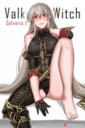 Rule 34 | 1girl, bare shoulders, barefoot, black gloves, blush, breasts, closed mouth, commentary request, gloves, hair between eyes, hanada yanochi, highres, knee up, large breasts, long hair, military, military uniform, panties, red eyes, selvaria bles, senjou no valkyria, senjou no valkyria (series), senjou no valkyria 1, silver hair, sitting, sleeves rolled up, thighs, underwear, uniform