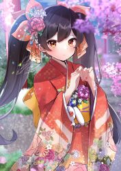 Rule 34 | 1girl, absurdres, alternate costume, ashley (warioware), black hair, blush, cherry blossoms, floral print, flower, hair flower, hair ornament, herunia kokuoji, highres, japanese clothes, kimono, long hair, long sleeves, looking at viewer, new year, nintendo, own hands together, red eyes, signature, solo, stuffed animal, stuffed toy, twintails, very long hair, warioware, wide sleeves