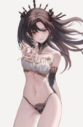 Rule 34 | 1girl, absurdres, asymmetrical sleeves, bikini, black ribbon, breasts, brown hair, cleavage, contrapposto, cowboy shot, crown, detached collar, detached sleeves, earrings, fate/grand order, fate (series), finger gun, floating hair, foreshortening, gold can, hair ribbon, head tilt, highres, ishtar (fate), jewelry, light smile, long hair, looking at viewer, medium breasts, mismatched bikini, navel, parted bangs, pointing, pointing at viewer, red eyes, ribbon, simple background, single detached sleeve, single sleeve, solo, strapless, strapless bikini, swimsuit, two side up, uneven sleeves, white background