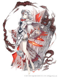 Rule 34 | 1girl, bare shoulders, barefoot, blood, blood on clothes, book, bookmark, breasts, clothing cutout, flower, full body, grey eyes, hood, hood up, ji no, looking at viewer, medium breasts, official art, pelvic curtain, plantar flexion, rose, serious, shoulder cutout, silver trim, sinoalice, smoke, snow white (sinoalice), solo, square enix, thigh strap, torn clothes, white background, white hair, wide sleeves