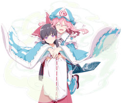 Rule 34 | 2girls, :d, arm garter, blue headwear, blue kimono, blunt bangs, blush, bow, brown hair, closed eyes, closed mouth, commission, detached sleeves, expressionless, eyelashes, feet out of frame, hair bow, hair tubes, hakurei reimu, happy, hat, hug, hug from behind, japanese clothes, kimono, long hair, long sleeves, looking at viewer, mob cap, multiple girls, nontraditional miko, open mouth, pink hair, red bow, ribbon-trimmed collar, ribbon-trimmed sleeves, ribbon trim, saigyouji yuyuko, sakuraba yuuki, sidelocks, simple background, skeb commission, smile, standing, touhou, triangular headpiece, white background, wide sleeves
