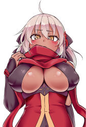 Rule 34 | 1girl, absurdres, ahoge, black bow, bow, breasts, cleavage, covered erect nipples, dark-skinned female, dark skin, fate/grand order, fate (series), hair between eyes, hair bow, hair ornament, highres, large breasts, long hair, looking at viewer, okita souji (fate), okita souji alter (fate), okita souji alter (first ascension) (fate), solo, togin, very long hair, white hair, yellow eyes