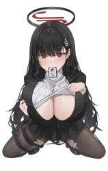 Rule 34 | 1girl, absurdres, black hair, black jacket, black pantyhose, blue archive, breasts, cleavage, clothes lift, from above, halo, hangetsu15, highres, holster, huge breasts, id card, jacket, long hair, looking at viewer, mouth hold, pantyhose, red eyes, rio (blue archive), simple background, solo, squatting, straight hair, sweater, sweater lift, thigh holster, torn clothes, torn pantyhose, very long hair, white background, white sweater
