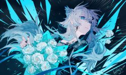 Rule 34 | 1girl, absurdres, animal ears, arknights, asakishiosugishiro, black background, black jacket, black nails, blue eyes, bouquet, closed mouth, flower, grey hair, highres, holding, holding bouquet, jacket, lappland (arknights), long hair, looking away, looking back, material growth, nail polish, open clothes, open jacket, oripathy lesion (arknights), simple background, solo, upper body, white flower, wolf ears