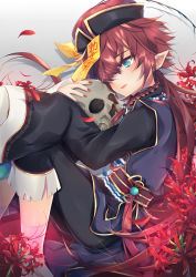 Rule 34 | 1boy, bishounen, blue eyes, flower, hat, highres, leeannpippisum, long hair, looking to the side, male focus, nail polish, open mouth, original, pointy ears, ponytail, qingdai guanmao, red flower, red hair, skull, solo, spider lily, talisman