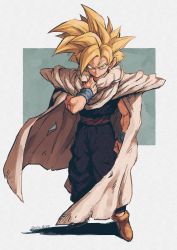 Rule 34 | 1boy, absurdres, blonde hair, blue background, blue eyes, border, brown footwear, cape, closed mouth, dougi, dragon ball, dragonball z, full body, highres, japanese clothes, pants, purple pants, purple vest, red sash, relio db318, sash, serious, short hair, simple background, solo, son gohan, spiked hair, standing, super saiyan, super saiyan 1, vest, white border, white cape, wristband