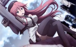 Rule 34 | 10s, 1girl, asami lilith, blue eyes, braid, breasts, city, elbow gloves, covered erect nipples, furuya kouji, gloves, gun, hat, large breasts, long hair, red hair, resized, ruins, solo, thighhighs, trinity seven, weapon