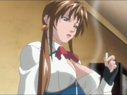 Rule 34 | 1girl, bible black, bow, bowtie, breasts, brown hair, cleavage, cleavage cutout, clothing cutout, coffee, gloves, hair ornament, imari kurumi, jewelry, large breasts, long hair, sensual lips, shin bible black, side ponytail, sidelocks, tokken division, turquoise eyes, uniform