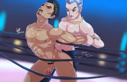 Rule 34 | 2boys, abs, absurdres, anal, black hair, commission, domination, erection, facial hair, forced, grabbing, highres, indoors, jewelry, joon-gi han, kiryu kazuma, magnta, male focus, male penetrated, male pubic hair, multiple boys, muscular, necklace, nipples, nude, open mouth, pants, pectorals, penis, pubic hair, ryuu ga gotoku (series), sex, silver hair, sweat, testicles, uncensored, wince, wrestling ring, yaoi