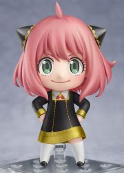 Rule 34 | 1girl, absurdres, ahoge, anya (spy x family), blush, chibi, child, closed mouth, eyebrows, faux figurine, full body, hands on own hips, highres, kneehighs, long sleeves, looking at viewer, nendoroid, pink hair, shiori2525, short hair, smile, socks, solo, spy x family, white socks