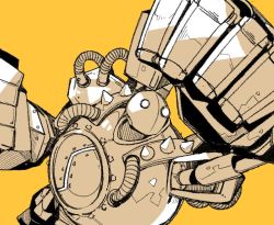 Rule 34 | blitzcrank, clenched hands, greyscale, league of legends, massakasama, monochrome, robot, simple background, solo, spikes, tube, upper body, yellow background