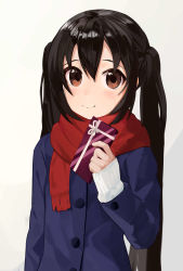 Rule 34 | 1girl, absurdres, black hair, brown eyes, coat, gift, hair between eyes, highres, holding, holding gift, k-on!, keibi inu, long hair, looking at viewer, nakano azusa, scarf, simple background, sleeves past wrists, smile, solo, twintails, upper body, valentine, winter clothes