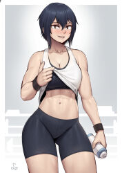 Rule 34 | 1girl, abs, absurdres, bare shoulders, bike shorts, black eyes, black shorts, black sports bra, black wristband, blush, border, bottle, breasts, cleavage, clothes lift, contrapposto, cowboy shot, fingernails, grin, hair between eyes, highres, hitomi-chan wa hitomishiri, holding, holding bottle, large breasts, lifting own clothes, looking at viewer, navel, outside border, shirt lift, short hair, shorts, signature, smile, solo, speedl00ver, sports bra, standing, sweatband, sweatdrop, takano hitomi, tank top, thick thighs, thighs, toned, white border, white tank top, wristband