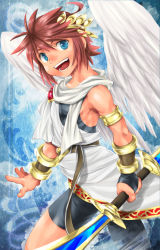 Rule 34 | 1boy, ahoge, ancient greek clothes, bike shorts, blue eyes, bracelet, brown hair, child, feathered wings, himation, jewelry, karasuma pink, kid icarus, laurel, male focus, nintendo, open mouth, pit (kid icarus), shorts, smile, solo, sword, toga, weapon, wings