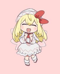 Rule 34 | 1girl, blonde hair, blush, capelet, citrus (place), closed eyes, dress, facing viewer, fairy, fairy wings, frilled dress, frills, full body, hat, lily white, long hair, long sleeves, open mouth, pink background, shoes, simple background, smile, solo, touhou, white capelet, white dress, white footwear, white hat, wide sleeves, wings