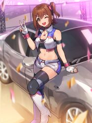 Rule 34 | 1girl, bare shoulders, breasts, brown hair, car, choker, cleavage, crop top, cropped jacket, fingerless gloves, gloves, hair between eyes, highres, idolmaster, idolmaster million live!, idolmaster million live! theater days, jewelry, kamille (vcx68), kasuga mirai, leaning against vehicle, looking at viewer, medium breasts, midriff, motor vehicle, navel, necklace, one eye closed, open mouth, pink nails, popped collar, race queen, short shorts, shorts, side ponytail, smile, solo, tareme, thighhighs, v, wrist cuffs, yellow eyes