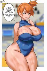 Rule 34 | 1girl, absurdres, asymmetrical hair, breasts, cleavage, collarbone, creatures (company), curvy, eyelashes, female focus, game freak, green eyes, hair between eyes, hair tie, highres, huge breasts, large breasts, legs together, misty (pokemon), navel, nintendo, nipples, one-piece swimsuit, orange hair, pokemon, pokemon (anime), pokemon (classic anime), ponytail, short hair, side ponytail, solo, standing, swimsuit, thick thighs, thighs, wet, wide hips, za barro