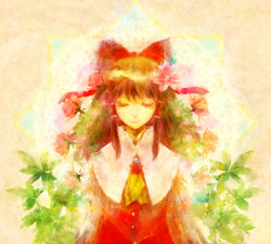 Rule 34 | 1girl, adapted costume, ascot, bow, brooch, brown hair, capelet, detached sleeves, eyelashes, flower, framed, hair bow, hair flower, hair ornament, hair tubes, hakurei reimu, half-closed eyes, hayapi, jewelry, light smile, lips, long hair, sleeveless, solo, touhou