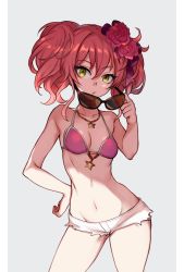 Rule 34 | 10s, 1girl, bikini, bikini top only, breasts, collarbone, contrapposto, cutoffs, eyebrows, flower, grey background, groin, hair between eyes, hair flower, hair ornament, hand on own hip, highres, idolmaster, idolmaster cinderella girls, jewelry, jougasaki mika, looking at viewer, medium breasts, navel, necklace, pink hair, removing eyewear, short shorts, shorts, sidelocks, simple background, solo, standing, star (symbol), star necklace, sunglasses, swimsuit, tsurime, twintails, two side up, yellow eyes, yuu (higashi no penguin)