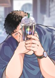 Rule 34 | 1boy, absurdres, alternate costume, bara, black hair, blush, covering face, cup, empty eyes, hands up, head tilt, highres, holding, holding cup, looking at viewer, male focus, mature male, original, osu (osumankokuou), plump salaryman (osu), short hair, smoothie, solo, thick eyebrows, upper body, watch, wristwatch